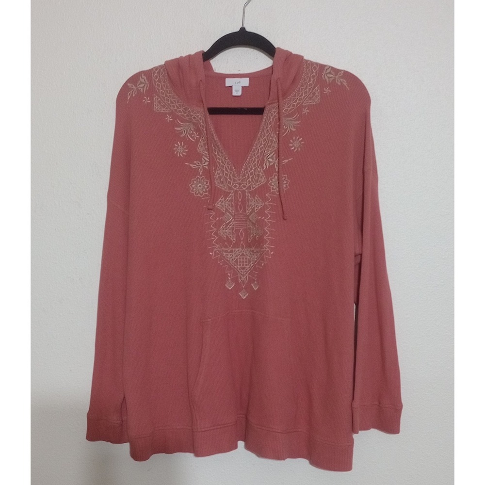 J. Jill Women XL Terracotta Waffle Knit Embroidered V-Neck Hoodie Pullover
